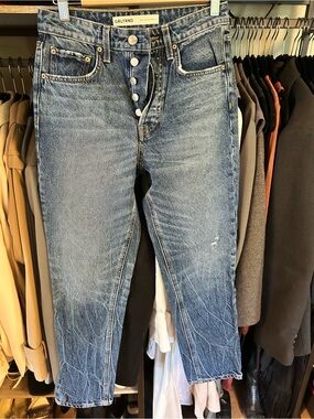 GRLFRND Faded Blue Button-Fly Slim Straight Jeans